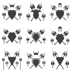 Set of abstract shield and axe silhouette.