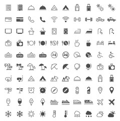 Set of 100 Travel and Hotel Thin Line and Solid Icons on White Background . Vector Isolated Elements