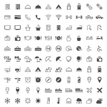 Set of 100 Travel and Hotel Thin Line and Solid Icons on White Background . Vector Isolated Elements