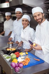 Chefs chopping vegetables on chopping board in the commercial