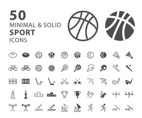 Set of 50 Minimal and Solid Sport Icons on White Background . Vector Isolated Elements