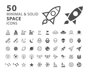 Set of 50 Minimal and Solid Space Icons on White Background . Vector Isolated Elements