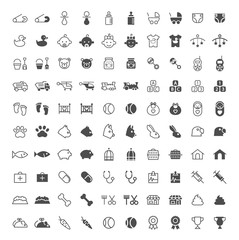 Set of 50 Minimal and Solid Baby and Veterinary Icons on White Background . Vector Isolated Elements