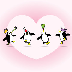 Dancing Penguins Partying on White Heart