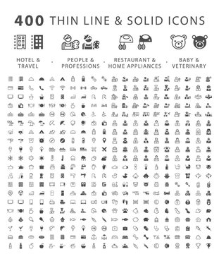 Set of 400 Minimal and Solid Icons ( Hotel Travel People Professions Restaurant Home Appliances Baby and Veterinary ) . Vector Isolated Elements