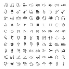 Set of 100 Thin Line Solid Beach and Music Icons on White Background . Vector Isolated Elements