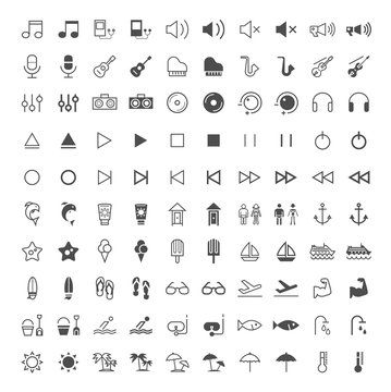 Set of 100 Thin Line Solid Beach and Music Icons on White Background . Vector Isolated Elements