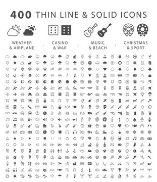 Set of 400 Minimal and Solid Icons ( Weather Airport Casino War Beach Music Christmas and Sport ) . Vector Isolated Elements
