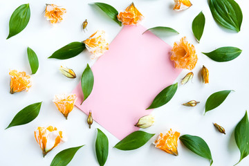 Mockup with clipboard, beige roses. Flat lay, top view. Empty frame and flowers on blue and pink pastel background with copy space. Soft effect filter
