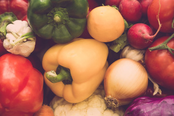 Set of fresh vegetables and herbs on a metal table of restaurant kitchen. Selective focus. Shallow depth of field. Toned