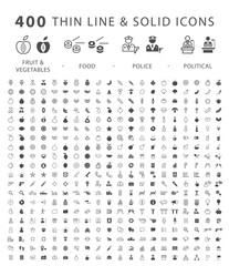 Set of 400 Minimal and Solid Icons ( Fruits, Vegetables, Food, Police and Political ) . Vector Isolated Element