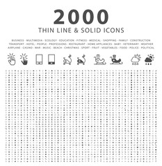 Set of 2000 Minimal and Solid Icons on White Background . Vector Isolated Elements