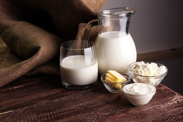 milk products. tasty healthy dairy products on a table