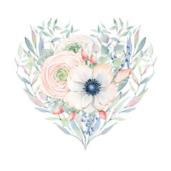 Elegant Valentines day heart of watercolor flowers