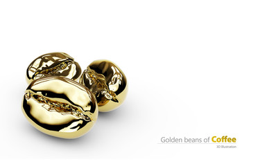 3d Illustration of golden coffee beans, isolated white