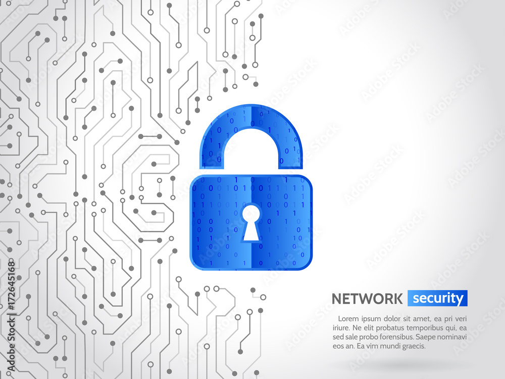 Poster Abstract high tech circuit board. Technology data protection concept. System privacy, network security. Digital padlock vector illustration.
