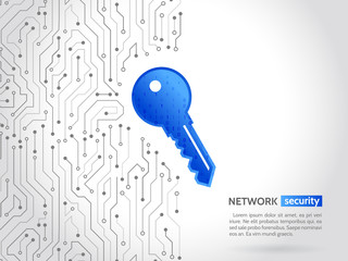 Abstract high tech circuit board with technology key. Security concept background. Cyber data security, information privacy. Global internet network protection.