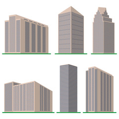 Set of six  modern high-rise building on a white background. View of the building from the bottom. Isometric vector illustration.

