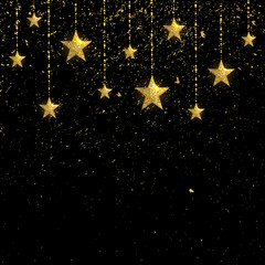 Fototapeta na wymiar Golden Sparkling Stars with Golden Confetti