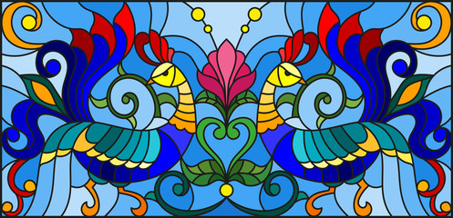 Illustration in stained glass style with a pair of roosters , flowers and patterns on a blue background , horizontal image