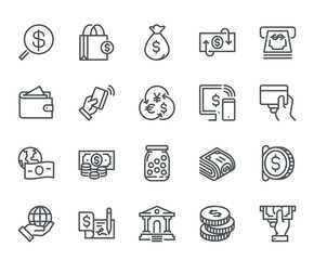 Money Icons,  Monoline concept
The icons were created on a 48x48 pixel aligned, perfect grid providing a clean and crisp appearance. Adjustable stroke weight. 