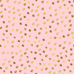 Golden dots seamless pattern on pink background. Fetching gradient golden dots endless random scattered confetti on pink background. Confetti fall chaotic decor. Modern creative pattern.