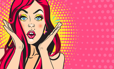 Pop art woman portrait. Red haired surprised woman with open mouth