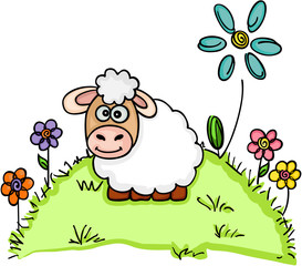 Sheep standing in a field with flowers
