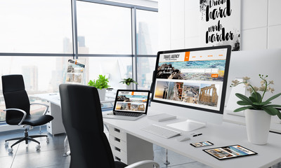office desktop travel agency - obrazy, fototapety, plakaty