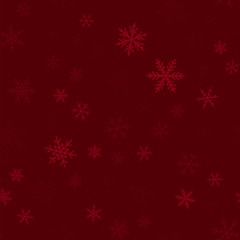 Naklejka na ściany i meble Transparent snowflakes seamless pattern on wine red Christmas background. Chaotic scattered transparent snowflakes. Unusual Christmas creative pattern. Vector illustration.