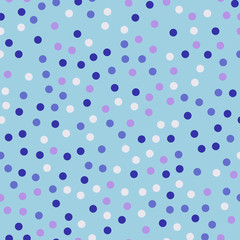 Colorful polka dots seamless pattern on bright 27 background. Appealing classic colorful polka dots textile pattern. Seamless scattered confetti fall chaotic decor. Abstract vector illustration.