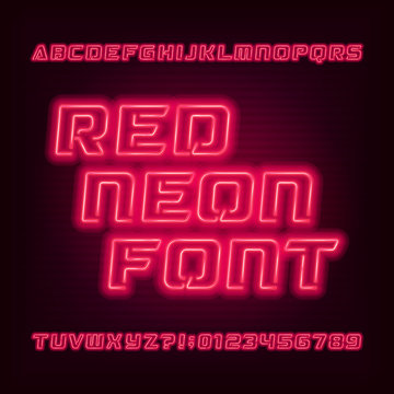 Red neon tube alphabet font. Neon color oblique letters and numbers. Stock vector typeface for your headers or any typography design.