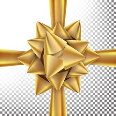 Gift Bow Vector. Bright Gold Ribbon. Isolated On Transparent Background Illustration.