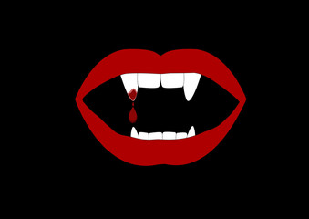 red vampire lips with fangs on black background