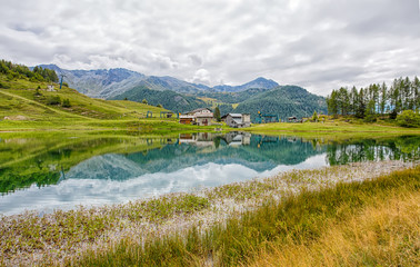View of Lake Lod near the village of Chamois in Val D'Aosta, Italy