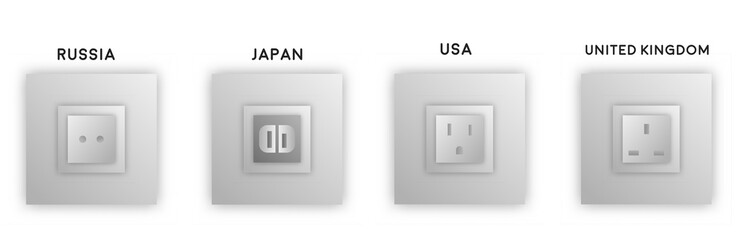 Vector design various black grey electrical outlet power socket types. UK, Japan, USA types