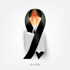 Realistic black ribbon, mourning / melanoma awareness sign / symbol, with white candle with realistic glow on white background. Mourning background