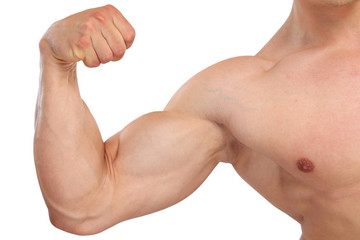 Bizeps stark Stärke Kraft Power Muskeln Mann Bodybuilder Bodybuilding muskulös jung Freisteller