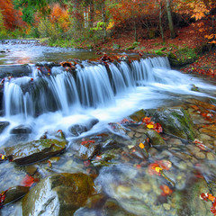 Fototapeta na wymiar Mountain river with rapids and waterfalls at autumn time