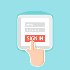Sign in / registration required sign on tablet device screen for web site, mobile app, infographics. Finger touch sign in button