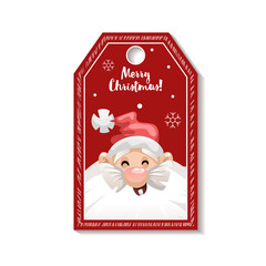 Cartoon looking red Christmas tag or label  with laughing Santa Claus in hat. Xmas gift tag, invitation banner, sale or discount poster.