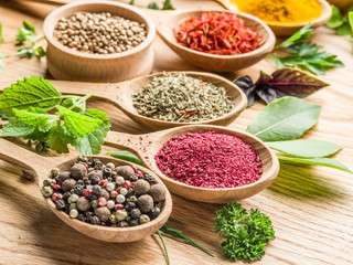 Assortment of colorful spices in the wooden spoons.