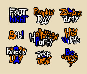 Set of color halloween hand drawn lettering one style. Trick or treat, pumpkin day, fright night, zombie party, boo, hey witches, be scary. Vector illustration.