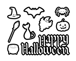 Set of Happy Halloween hand drawn lettering and characters. Cat, pumpkin, bat, spider, hat, bowl, ghost, broom. Vector illustration.
