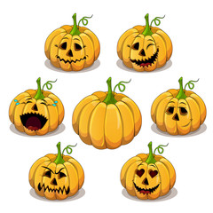 Set of cartoon funny pumpkin isolated on white background. Hand drawn cute Halloween emoji. Vector emoticon illustration