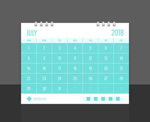 Calendar 2018 July week start on Sunday. Desk calendar corporate design template vector.