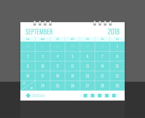 Calendar 2018 September week start on Sunday. Desk calendar corporate design template vector.