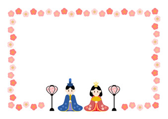 ひな祭りのお内裏様と桃の花のフレームイラスト
