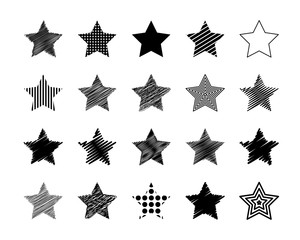 Set of different drawn scribble stars grunge effect. For covers, flyers, cards,  decoration. Vector illustration.