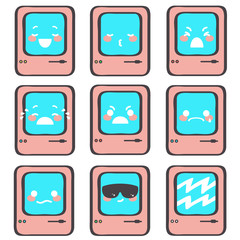 Collection of nine little pink emoticons expressing different emotions or feelings, vector cartoon isolated on white background